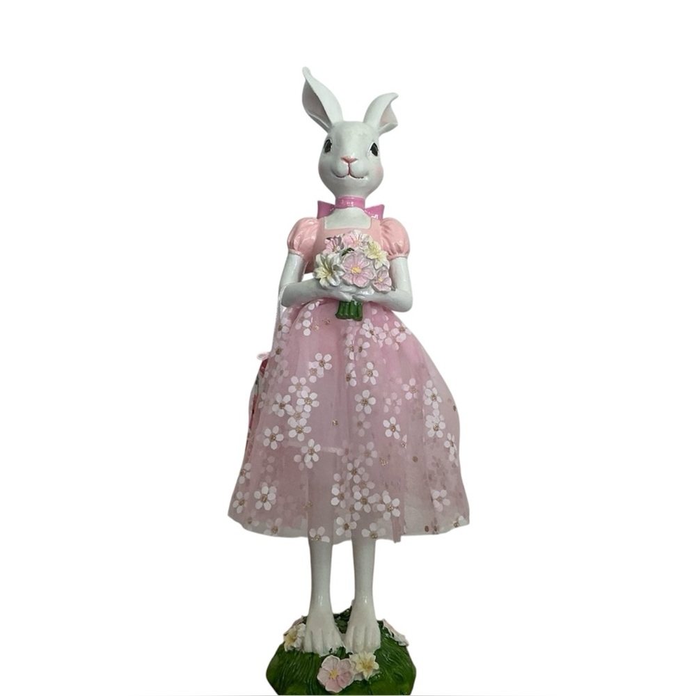 Elegant Bunny Figurine in Pink Floral Dress – Spring / Easter Decor